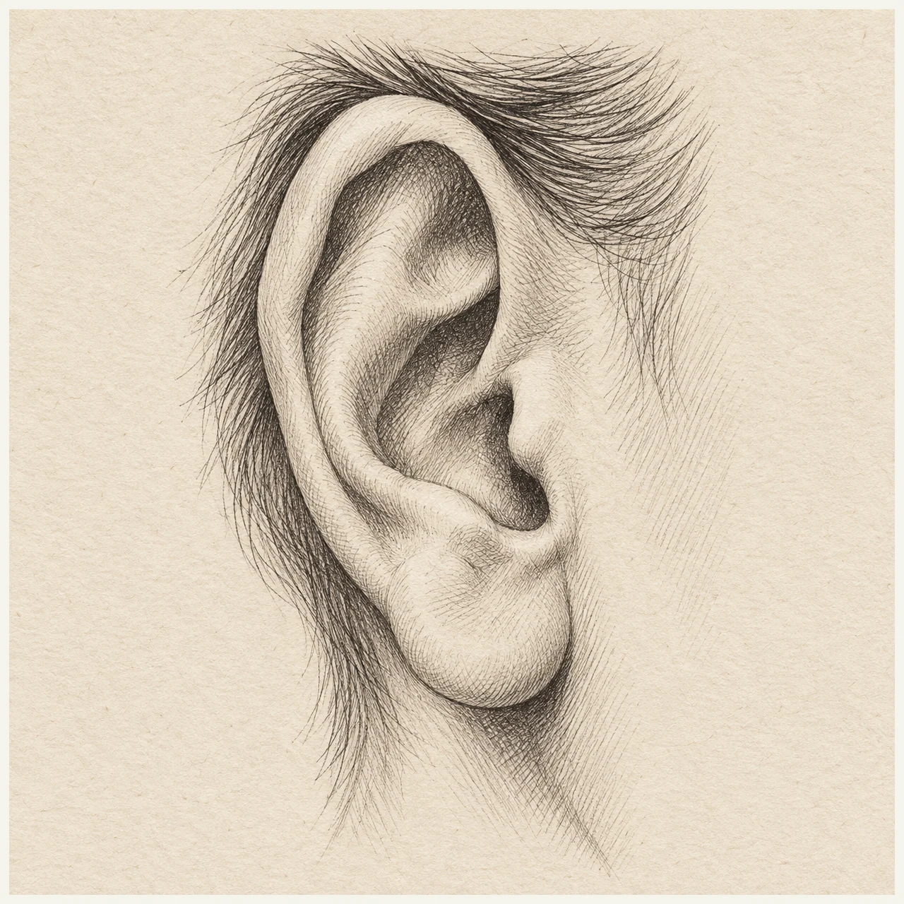 Human ear drawn in black and gray fineliner on pale cream textured sketchbook paper, with a complete silhouette and open margins.