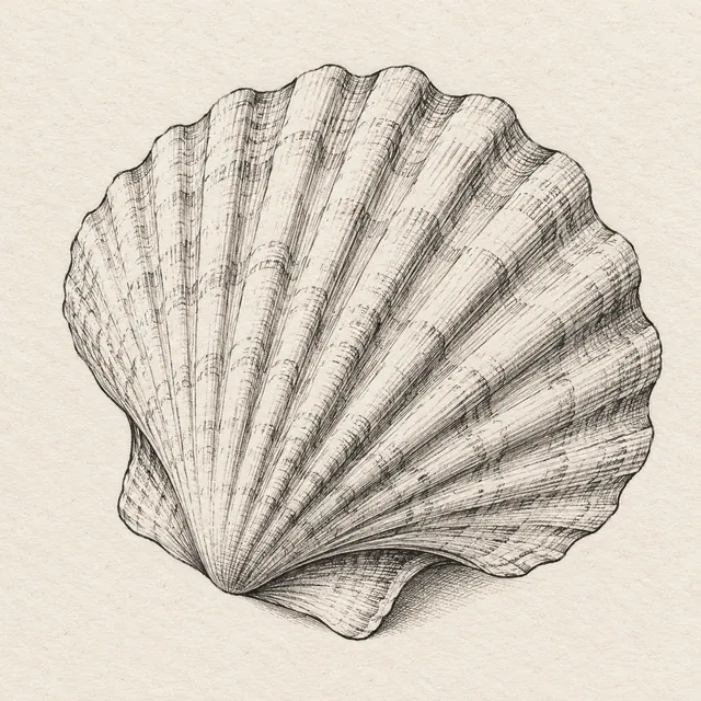 One scallop seashell angled slightly, a fan silhouette with radiating broad ribs and a shallow curved opening edge. Black and gray fineliner drawing on warm textured sketchbook paper.