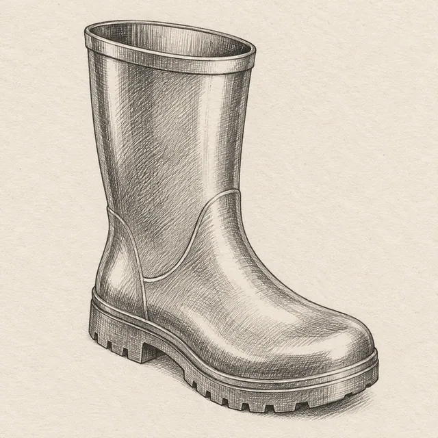 One rain boot in side three-quarter view, open shaft, curved ankle, rounded toe and a thick sole. Black and gray fineliner drawing on warm textured sketchbook paper.