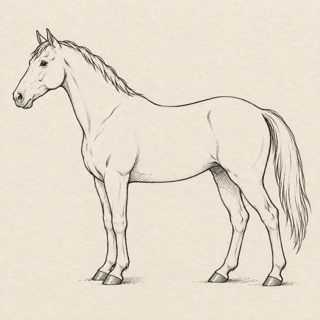A complete standing horse in side view, coherent head and neck, four legs with natural overlap, short mane and full tail. Black and gray fineliner drawing on warm textured sketchbook paper.