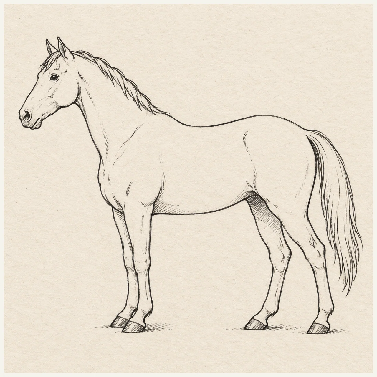 A complete standing horse in side view, coherent head and neck, four legs with natural overlap, short mane and full tail. Black and gray fineliner drawing on warm textured sketchbook paper.