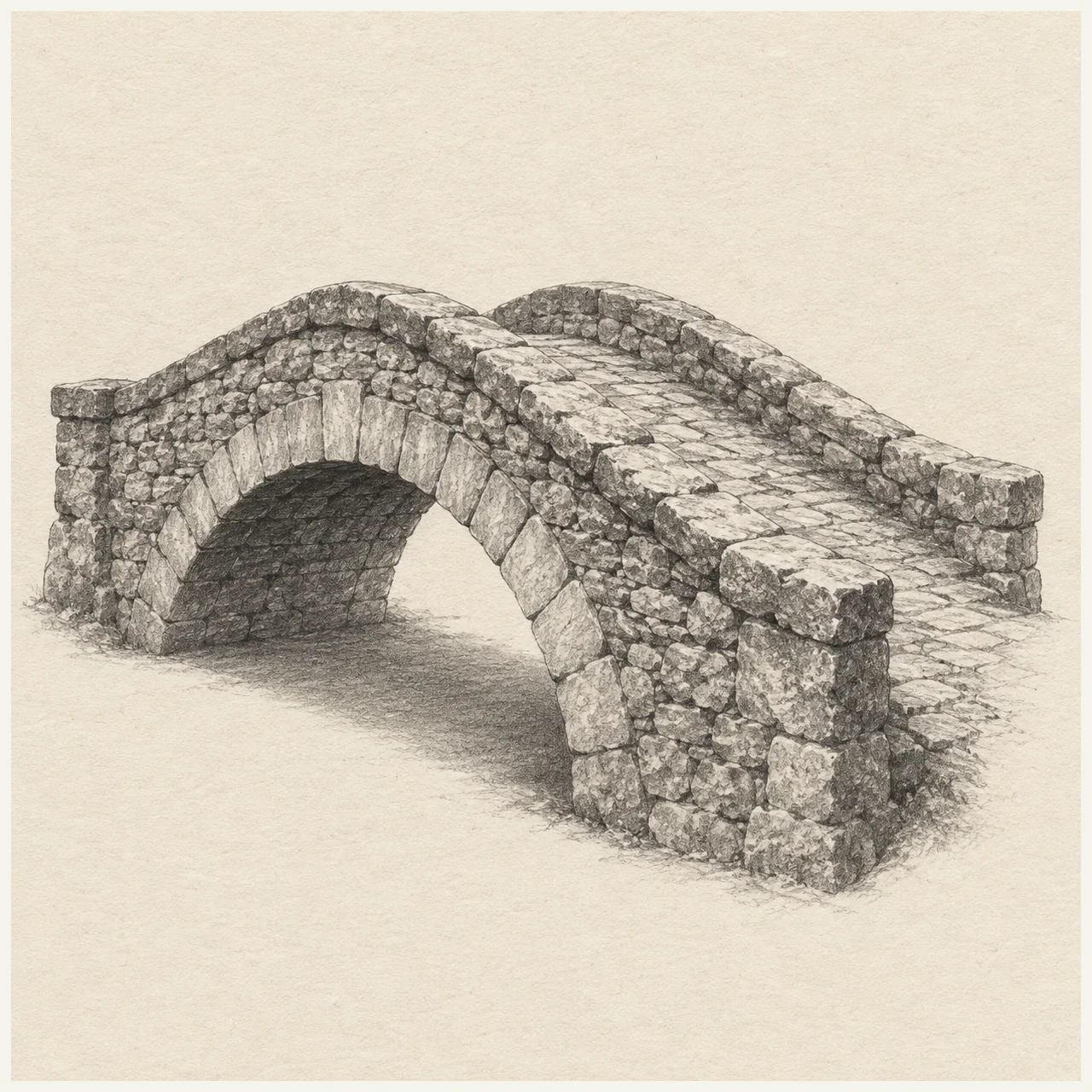 Detailed pencil drawing of a single-arch stone bridge with cobbled paving and curved parapets on textured paper.