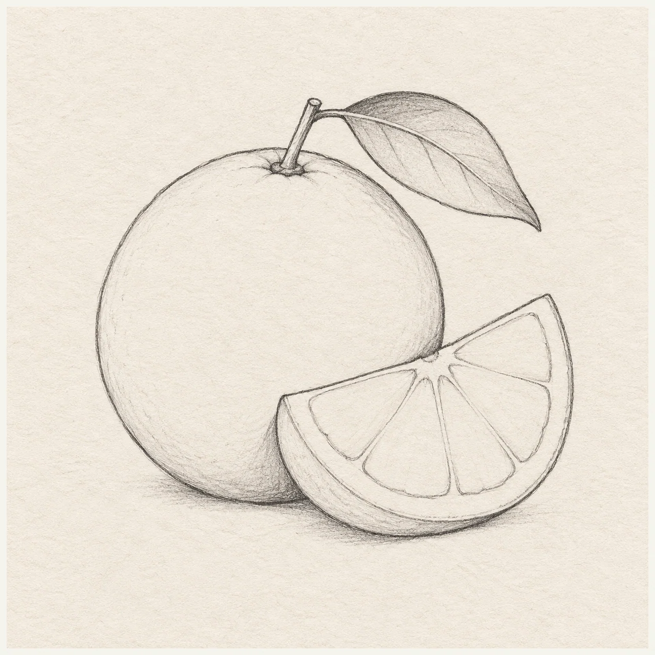 Graphite pencil drawing of a whole orange with a leaf and a wedge leaning in front on pale textured sketchbook paper.