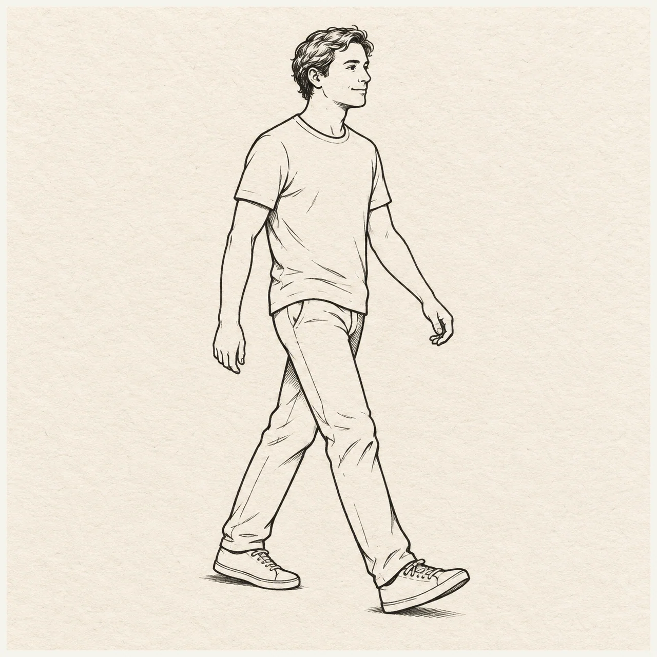 Walking person drawn in black and gray fineliner on pale cream textured sketchbook paper, with a complete silhouette and open margins.