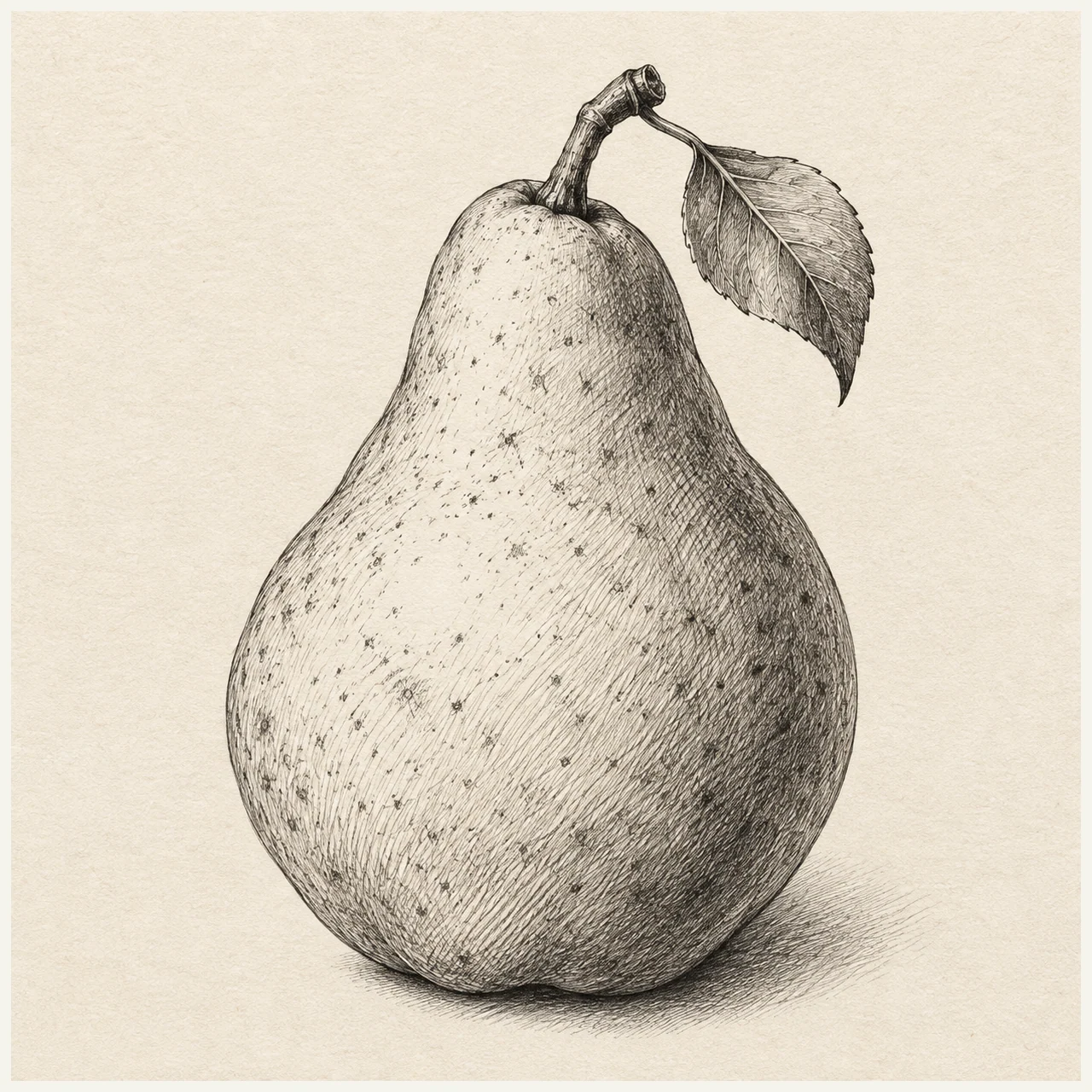 One pear in three-quarter view with broad lower body, narrower neck, short bent stem and a small leaf. Black and gray fineliner drawing on warm textured sketchbook paper.