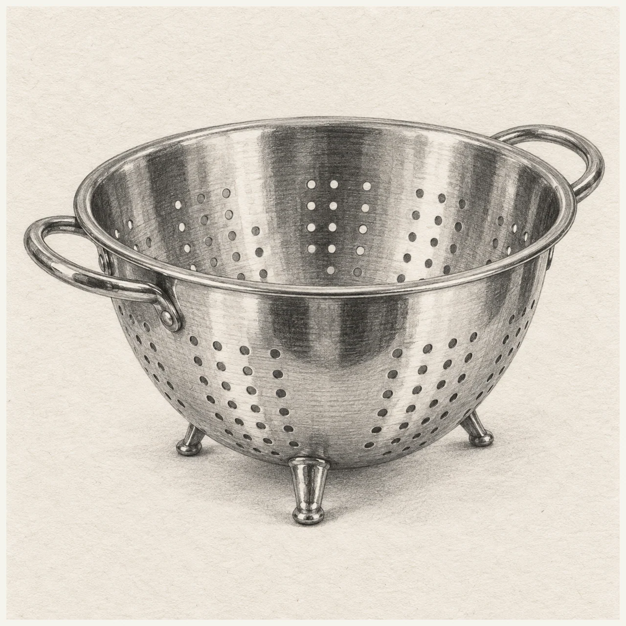 Detailed pencil drawing of a metal colander with two loop handles, three feet and curved rows of holes on textured paper.