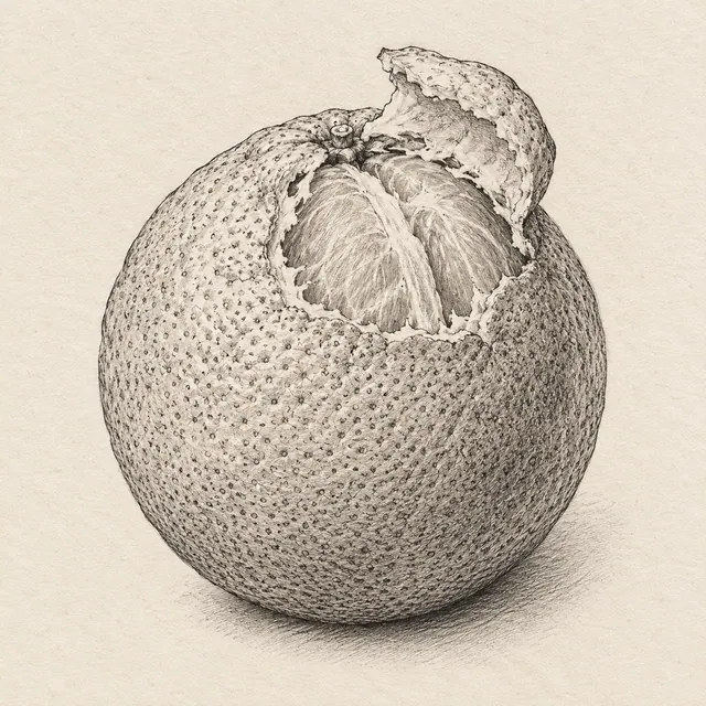 One orange with a small peeled flap at the top exposing two broad segments; otherwise a complete round fruit. Black and gray fineliner drawing on warm textured sketchbook paper.