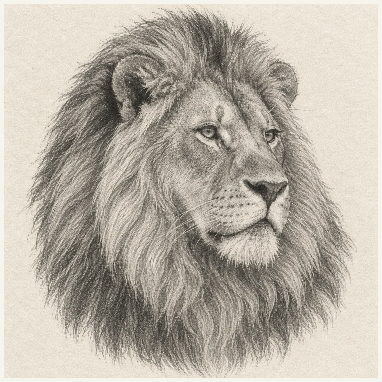 Graphite drawing of a lion head in three-quarter view, with a layered flowing mane, modeled facial planes and long pale whiskers on textured sketchbook paper.