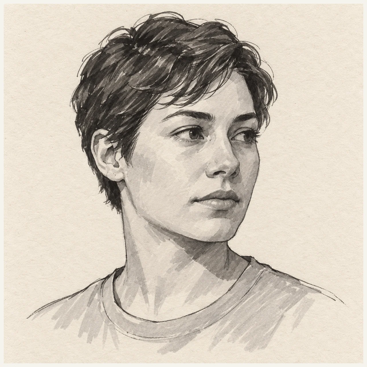 Portrait drawn in black and gray marker on pale cream textured sketchbook paper, with a complete silhouette and open margins.