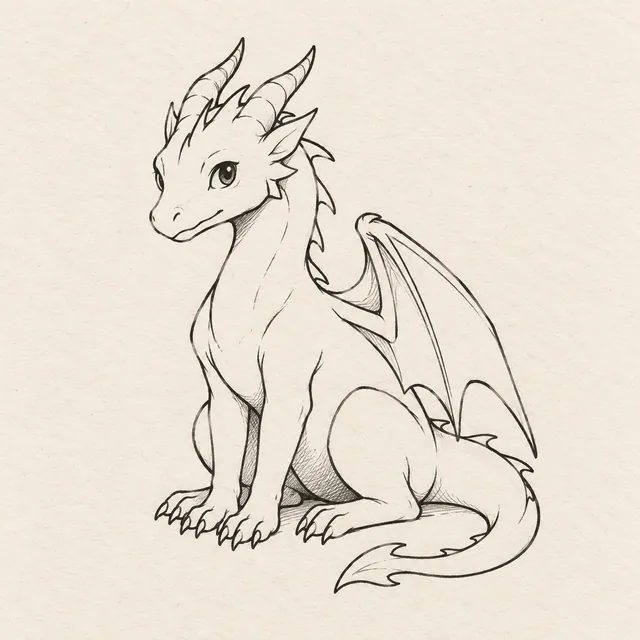 Dragon drawn in black and gray fineliner on pale cream textured sketchbook paper, with a complete silhouette and open margins.