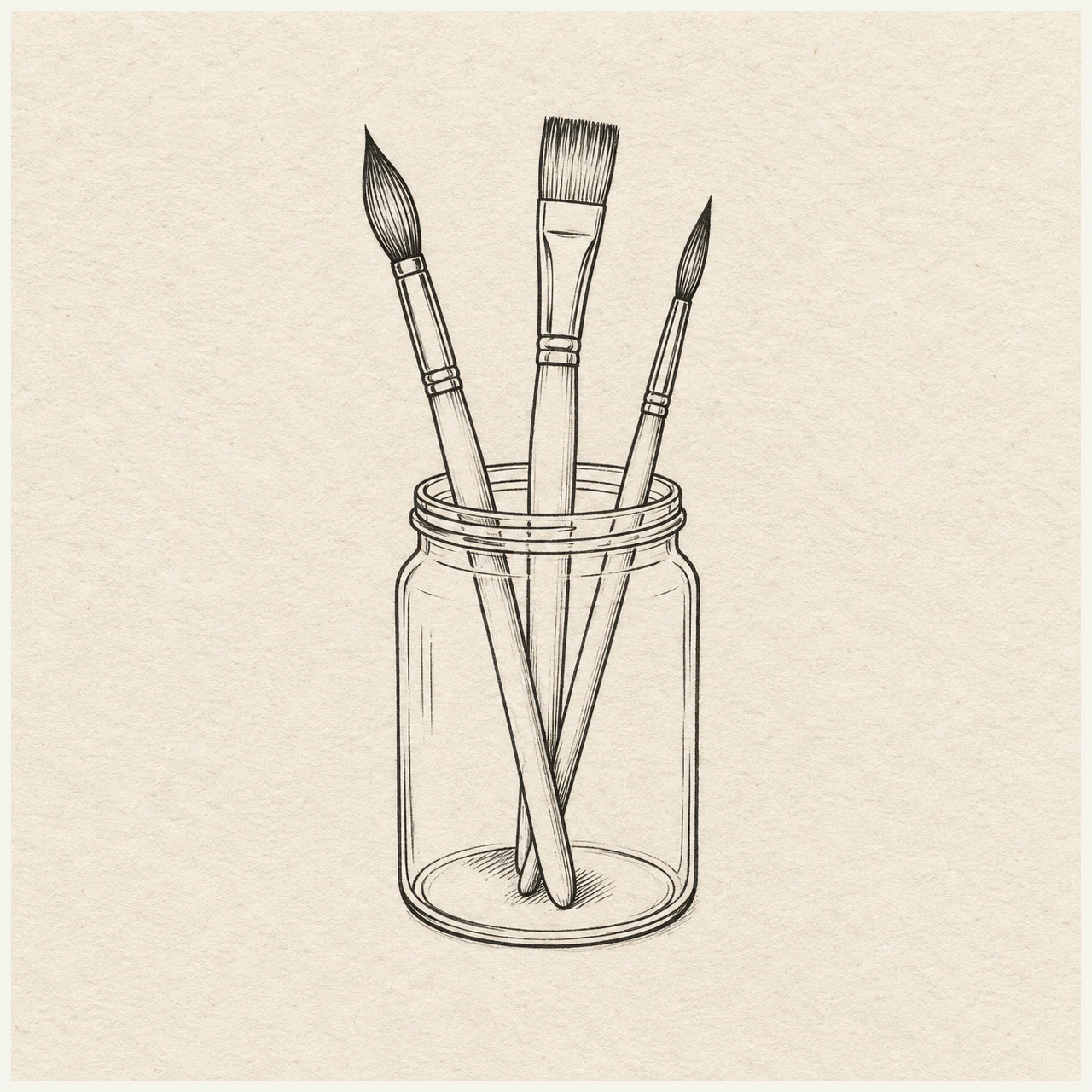 A plain cylindrical jar holding exactly three paintbrushes, one flat and two round, with their bristles visible. Black and gray fineliner drawing on warm textured sketchbook paper.