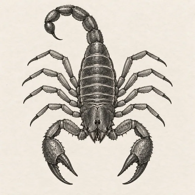 Detailed black and gray marker drawing of a scorpion from above with eight walking legs, two pincers and a curved tail on textured paper.
