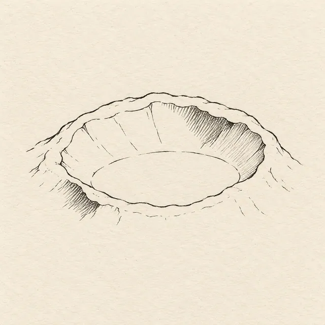 Lunar crater drawn in black and gray fineliner on pale cream textured sketchbook paper, with a complete silhouette and open margins.