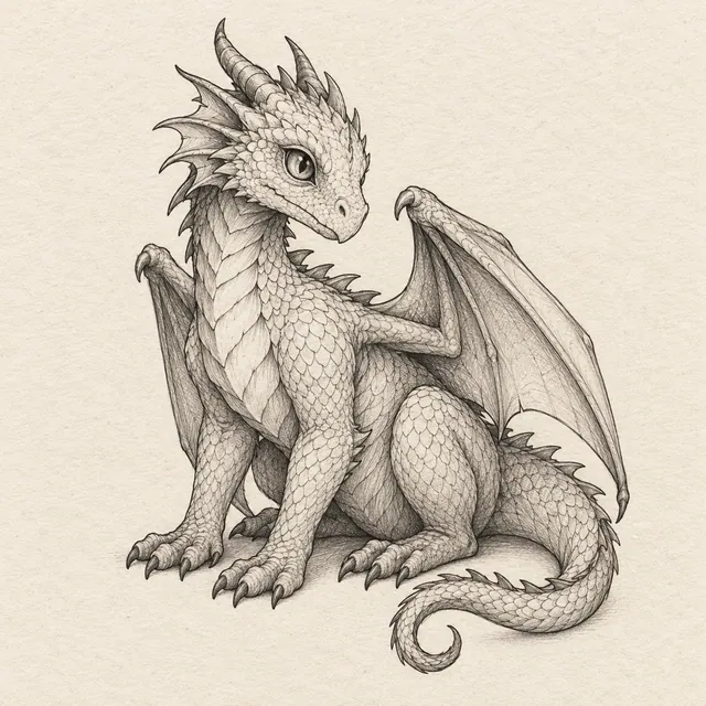 Dragon drawn in black and gray fineliner on pale cream textured sketchbook paper, with a complete silhouette and open margins.