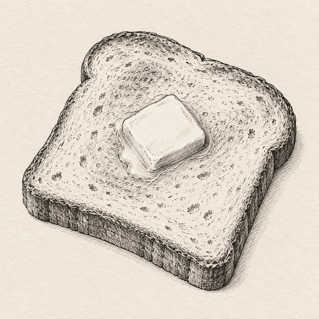 One slice of toast viewed slightly from above with a small square of butter and a clear crust edge. Black and gray fineliner drawing on warm textured sketchbook paper.