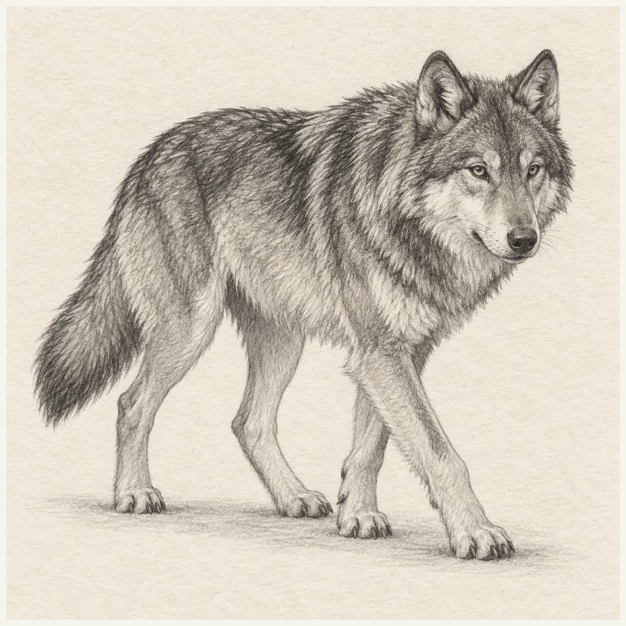Detailed graphite drawing of a wolf walking with four articulated legs, a low bushy tail and layered directional fur on pale textured sketchbook paper.