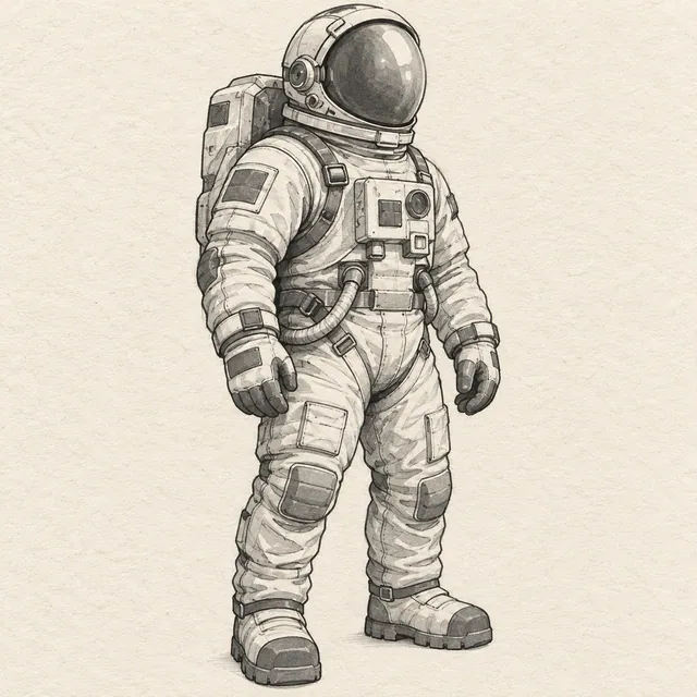 Astronaut drawn in black and gray marker on pale cream textured sketchbook paper, with a complete silhouette and open margins.