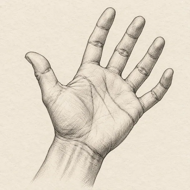 Open hand drawn in black and gray fineliner on pale cream textured sketchbook paper, with a complete silhouette and open margins.