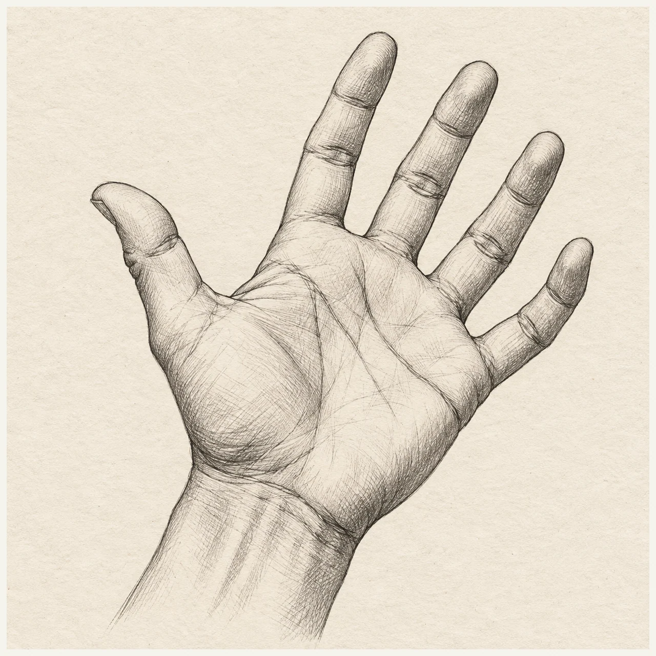 Open hand drawn in black and gray fineliner on pale cream textured sketchbook paper, with a complete silhouette and open margins.