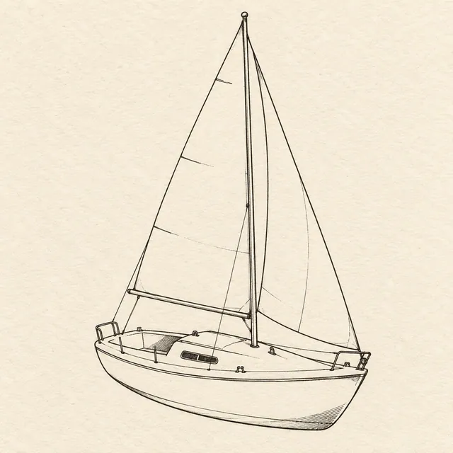 Sailboat drawn in black and gray fineliner on pale cream textured sketchbook paper, with a complete silhouette and open margins.