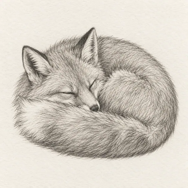 A sleeping fox curled around its fluffy tail, drawn in graphite pencil on pale paper.