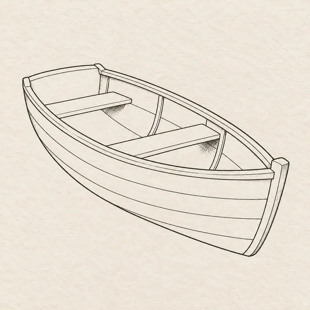 Rowboat drawn in black and gray fineliner on pale cream textured sketchbook paper, with a complete silhouette and open margins.