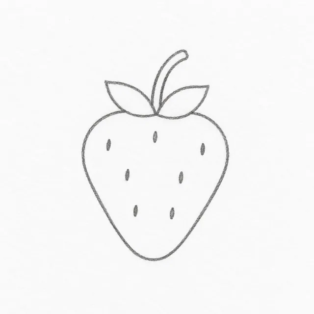 One strawberry in simple graphite pencil outlines, with a rounded triangular body, two leaves, a curved stalk, and seven seed marks.