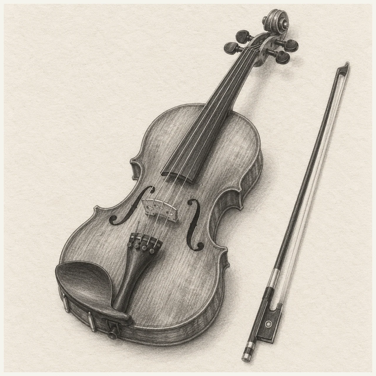 Detailed pencil drawing of a violin and bow with four strings, four tuning pegs, and paired sound holes on textured paper.