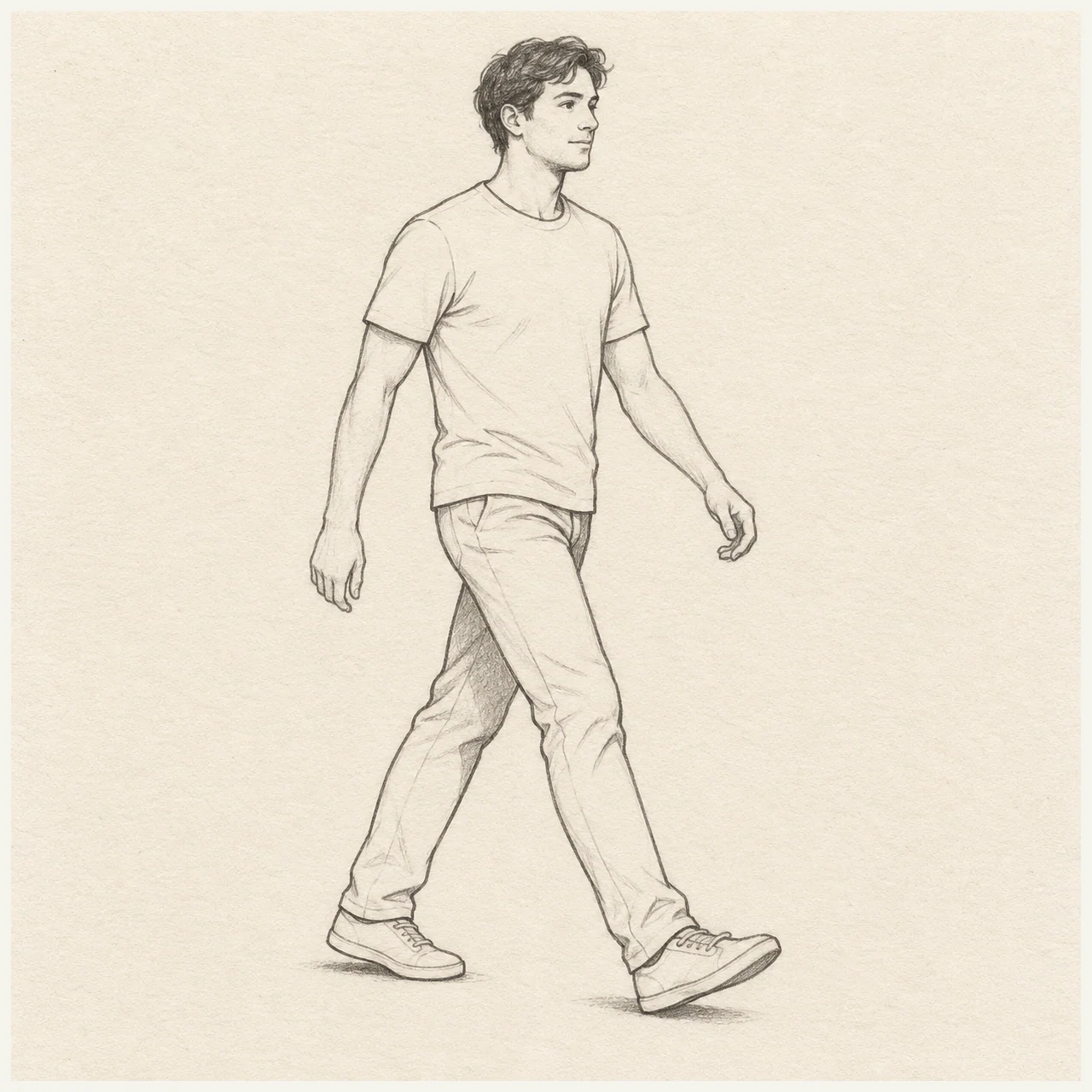 Walking person drawn in black and gray pencil on pale cream textured sketchbook paper, with a complete silhouette and open margins.