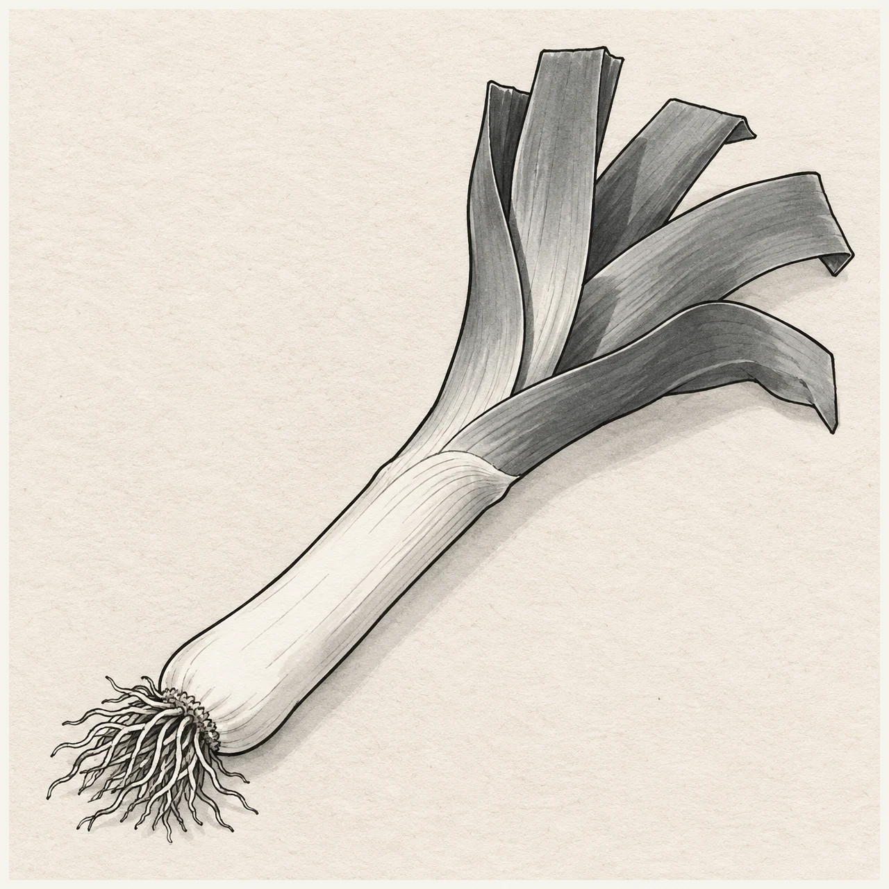 Black and gray marker drawing of a leek with overlapping leaf ribbons, a pale stem and fine roots on textured paper.