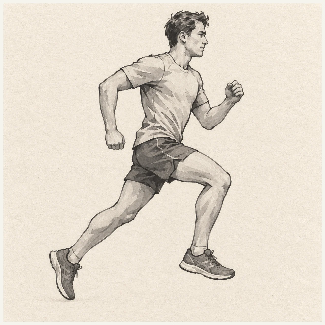 Runner drawn in black and gray marker on pale cream textured sketchbook paper, with a complete silhouette and open margins.