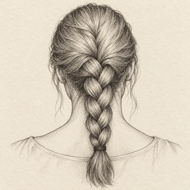 Braided hair drawn in black and gray fineliner on pale cream textured sketchbook paper, with a complete silhouette and open margins.