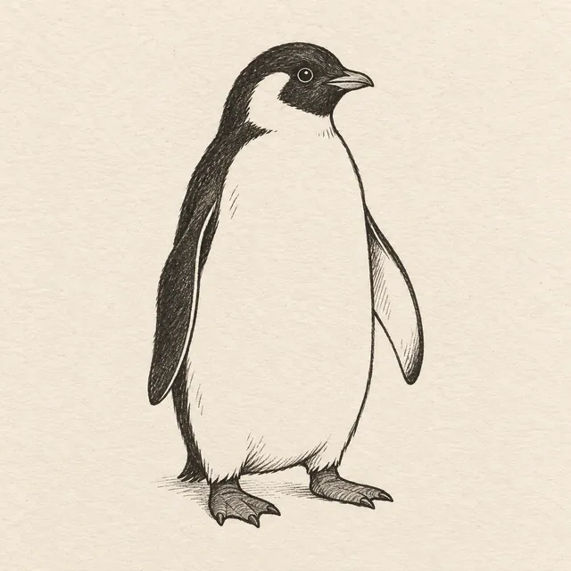 A standing penguin in three-quarter view with a small beak, two flippers and two broad feet; clear black-and-pale body areas. Black and gray fineliner drawing on warm textured sketchbook paper.