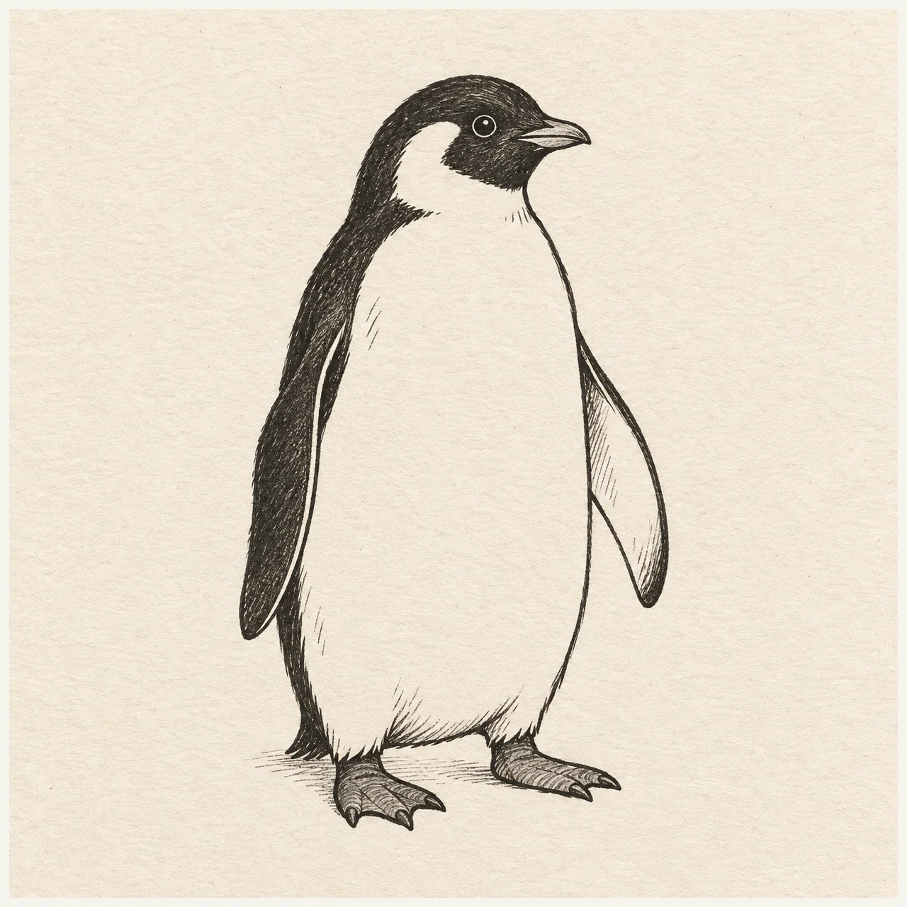 A standing penguin in three-quarter view with a small beak, two flippers and two broad feet; clear black-and-pale body areas. Black and gray fineliner drawing on warm textured sketchbook paper.