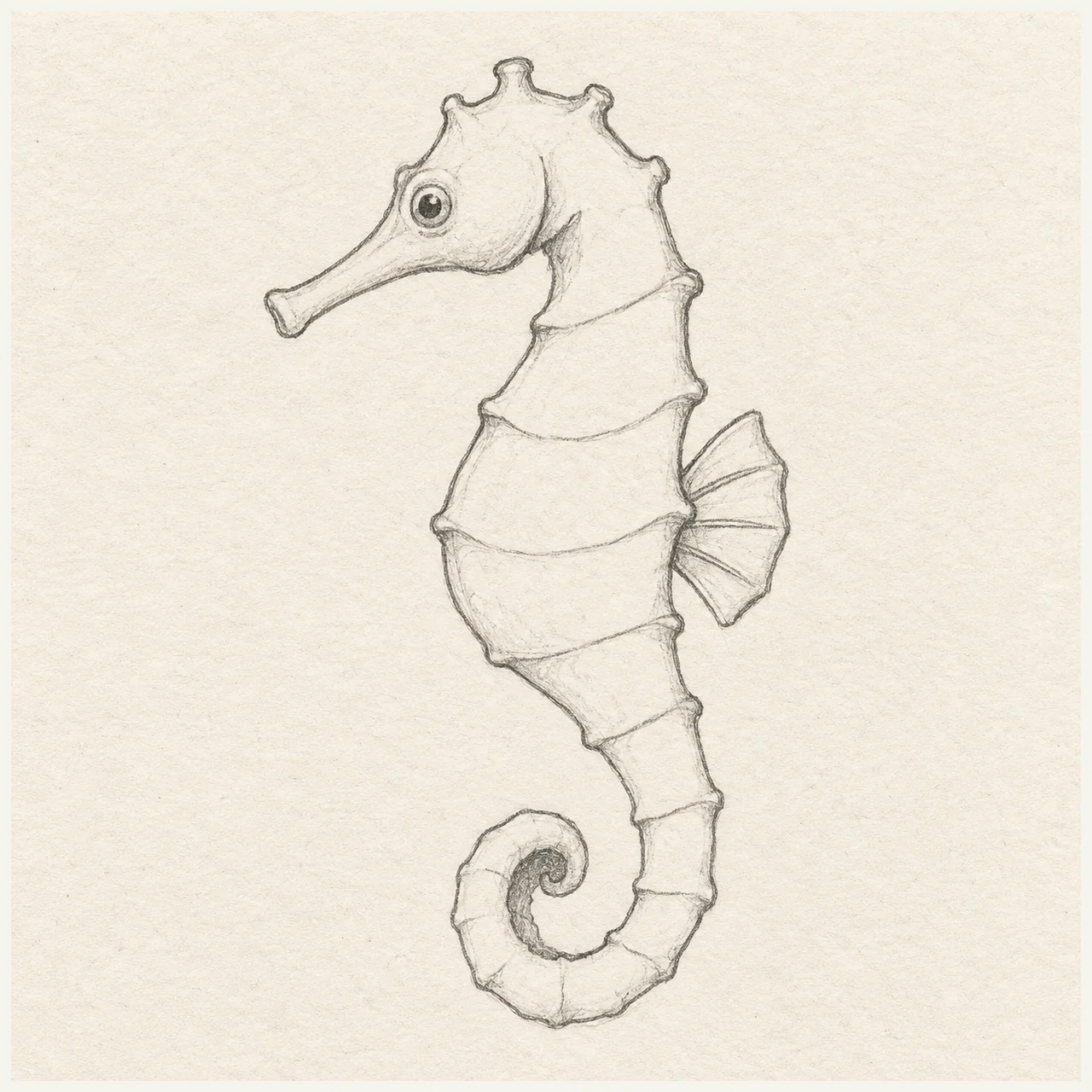 Graphite sketch of seahorse on textured off-white paper, with curled tail and curved neck.