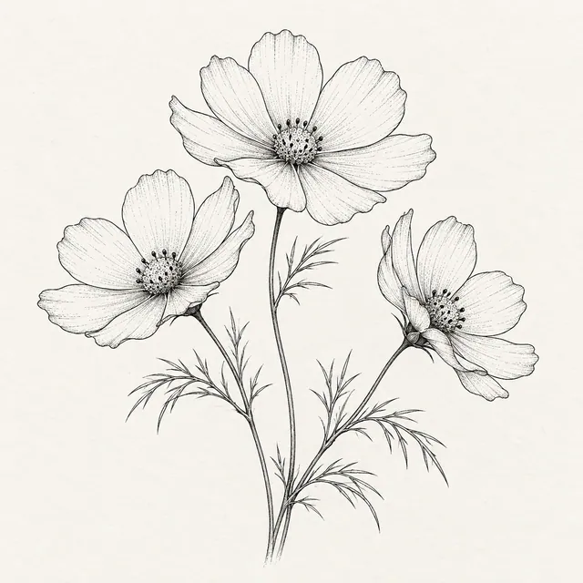 Three black fineliner cosmos flowers with slender stems and delicate feathery leaves.