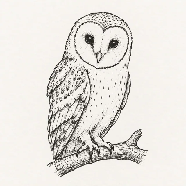 A black marker barn owl perched on a short branch with a heart-shaped face and simple feather details.