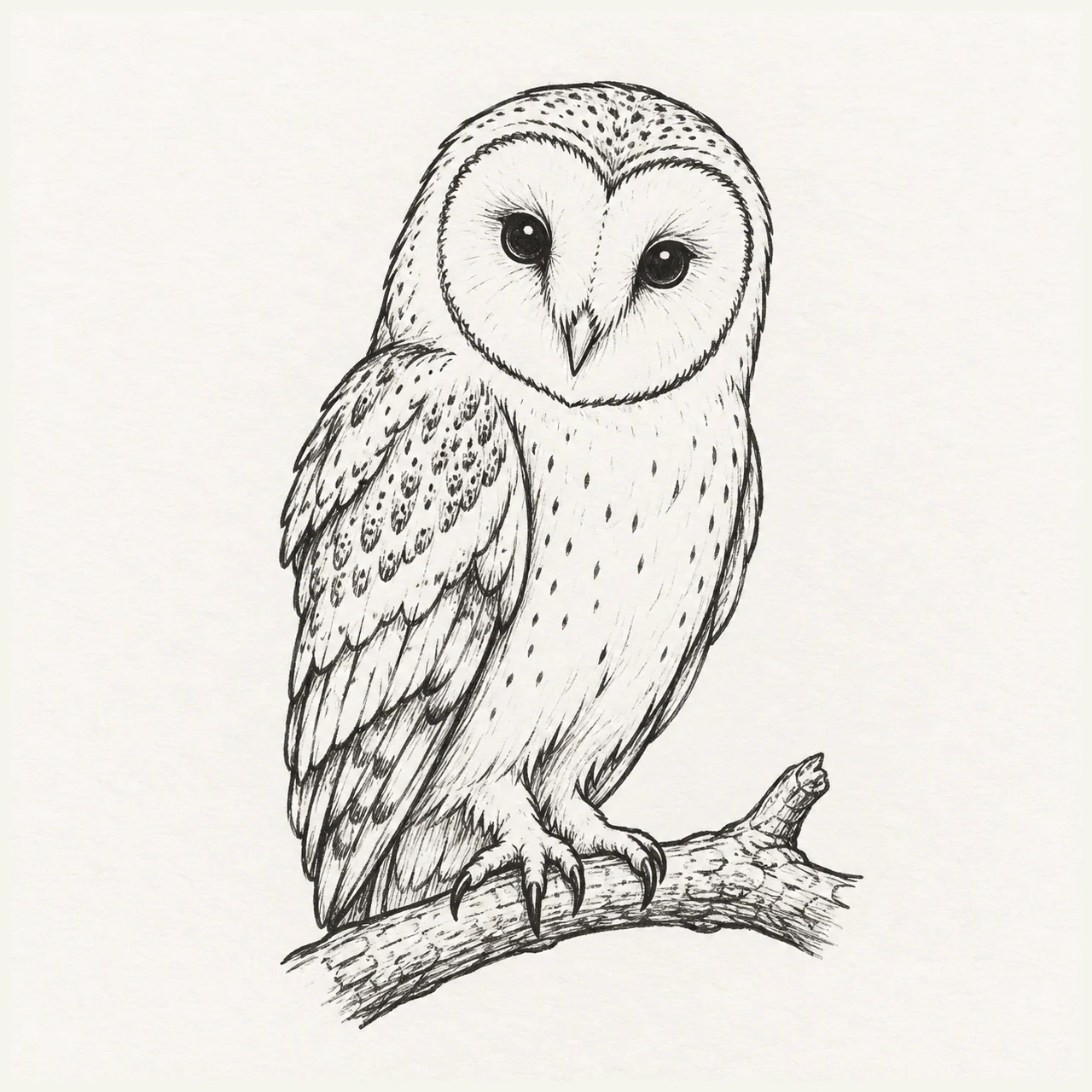 A black marker barn owl perched on a short branch with a heart-shaped face and simple feather details.