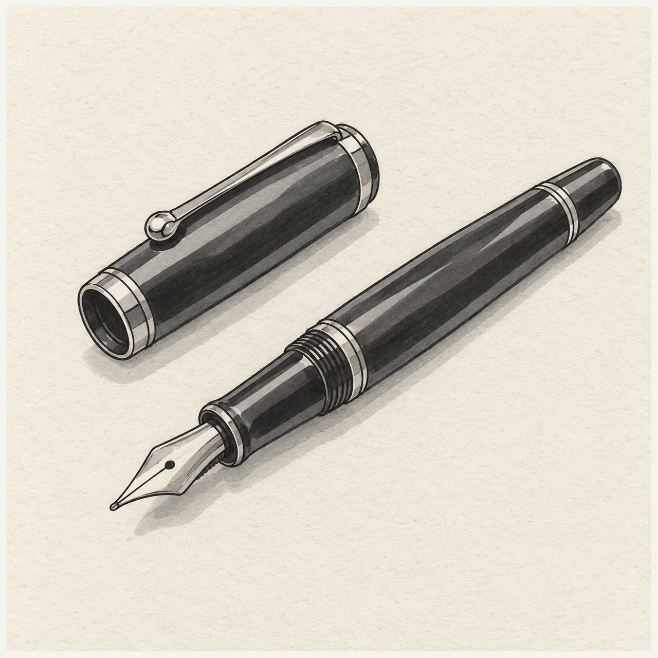 Black and gray marker drawing of an uncapped fountain pen with a metal nib and separate cap on textured paper.