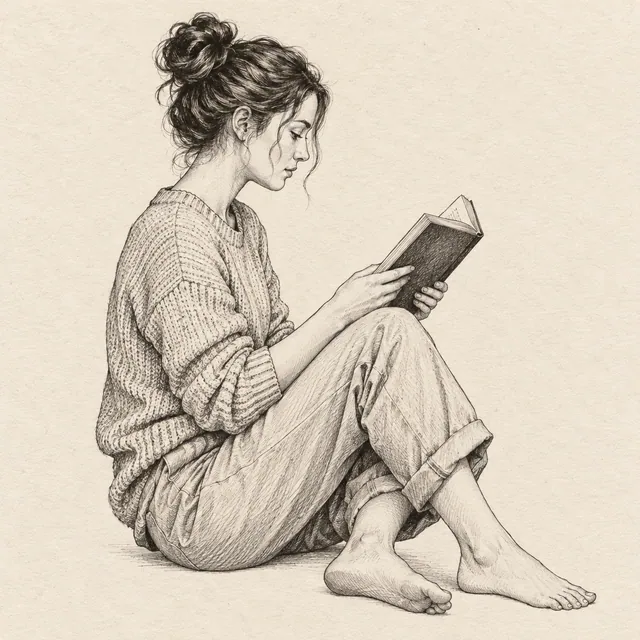 Person reading drawn in black and gray fineliner on pale cream textured sketchbook paper, with a complete silhouette and open margins.