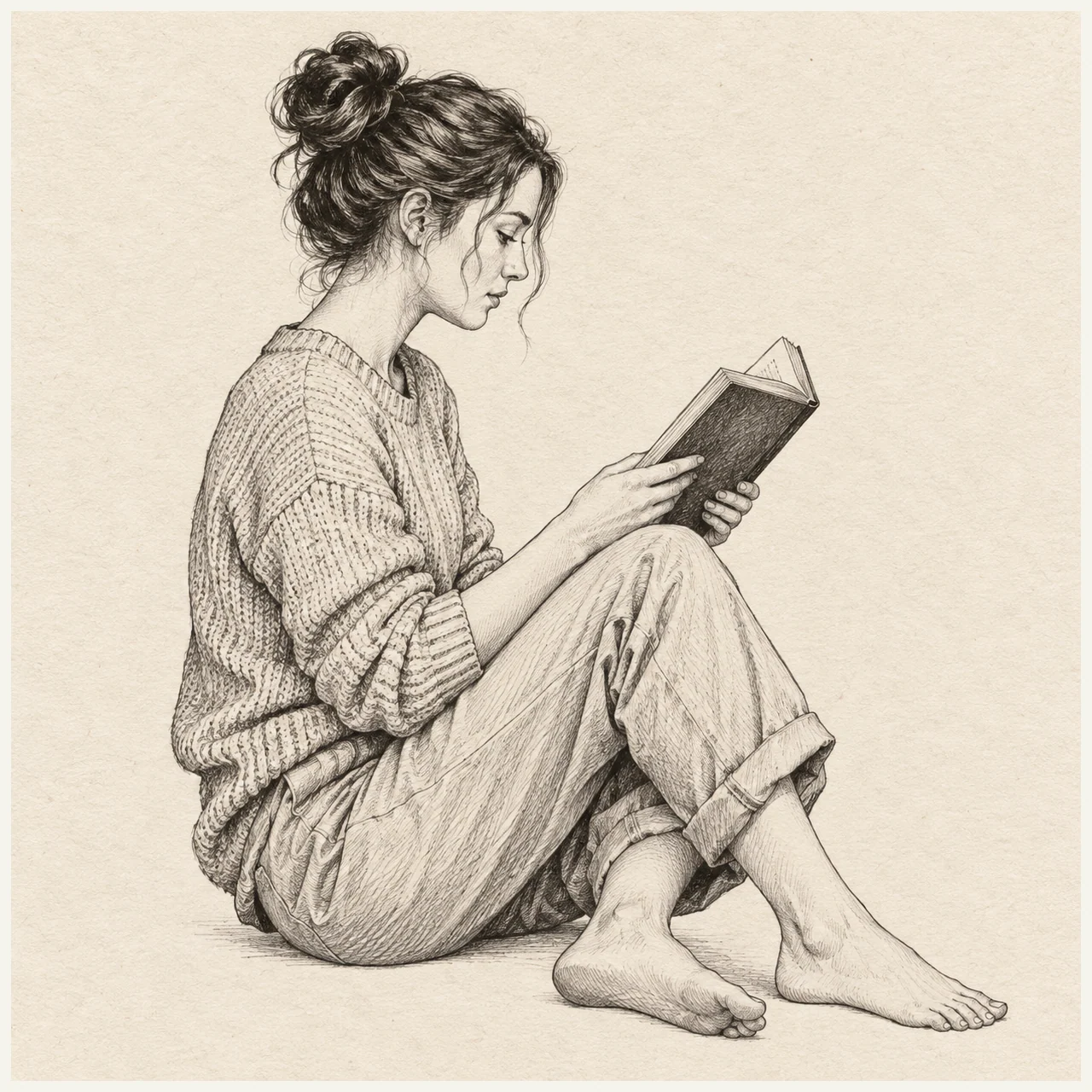 Person reading drawn in black and gray fineliner on pale cream textured sketchbook paper, with a complete silhouette and open margins.