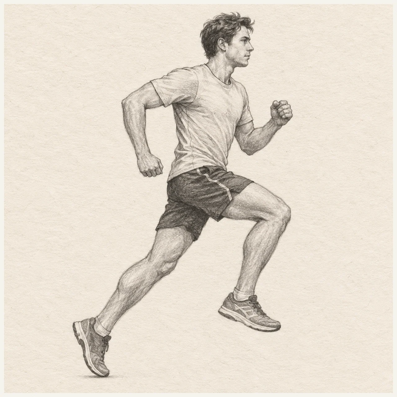 Runner drawn in black and gray pencil on pale cream textured sketchbook paper, with a complete silhouette and open margins.
