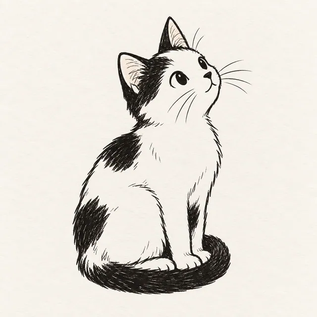 A sitting cat in side view with a curled tail, drawn with simple black marker contours.