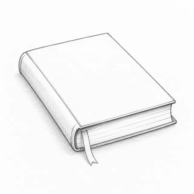 Pencil sketch of a closed hardback book seen at an angle, with a plain cover, visible page edges, and a ribbon bookmark.