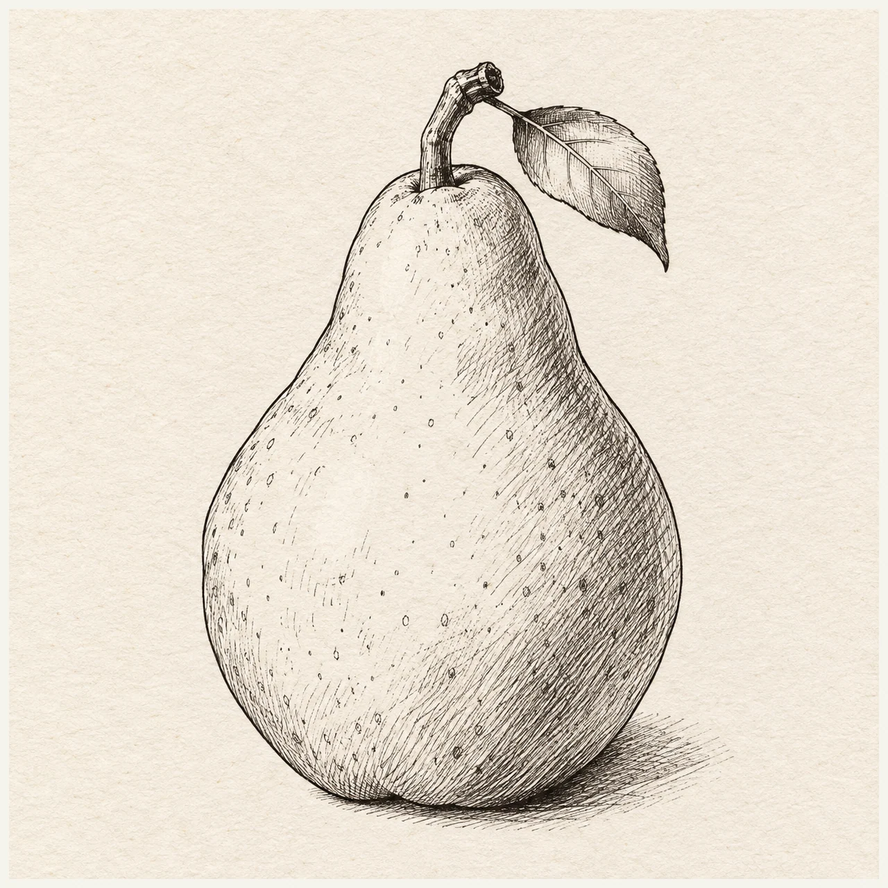 One pear in three-quarter view with broad lower body, narrower neck, short bent stem and a small leaf. Black and gray fineliner drawing on warm textured sketchbook paper.