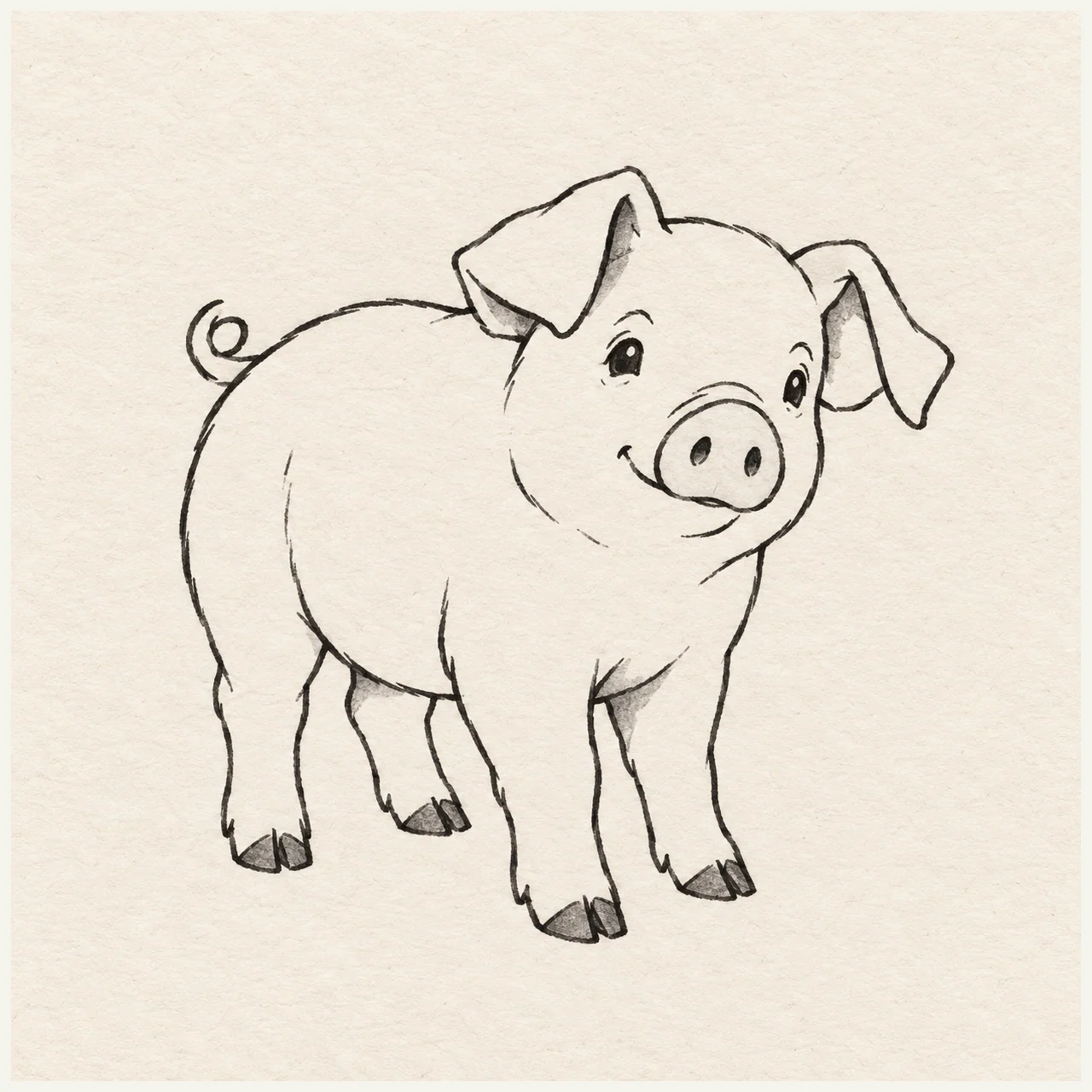 Black marker sketch of pig on textured off-white paper, with round snout and folded ears.