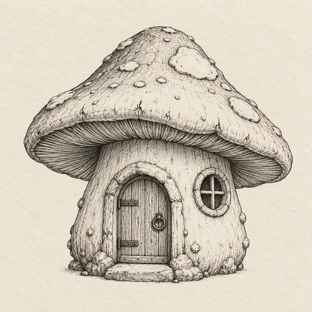 Mushroom house drawn in black and gray fineliner on pale cream textured sketchbook paper, with a complete silhouette and open margins.