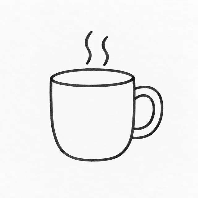 A simple black marker drawing of a rounded mug with a shallow oval rim, a loop handle, and two steam lines.