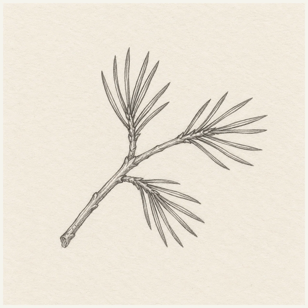 Graphite pencil drawing of a sparse spruce sprig with three short shoots and separated pointed needles on pale textured sketchbook paper.