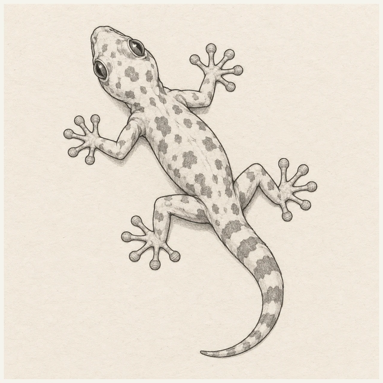 Pencil drawing of a spotted gecko viewed from above, with four splayed five-toed feet and a curved tapering tail on textured paper.